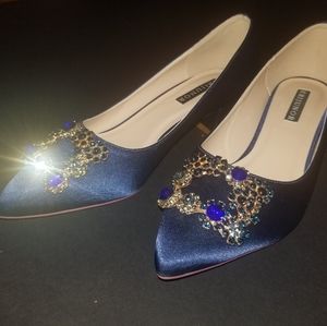 Erijunor 1in blue satin hells with crystal buckle